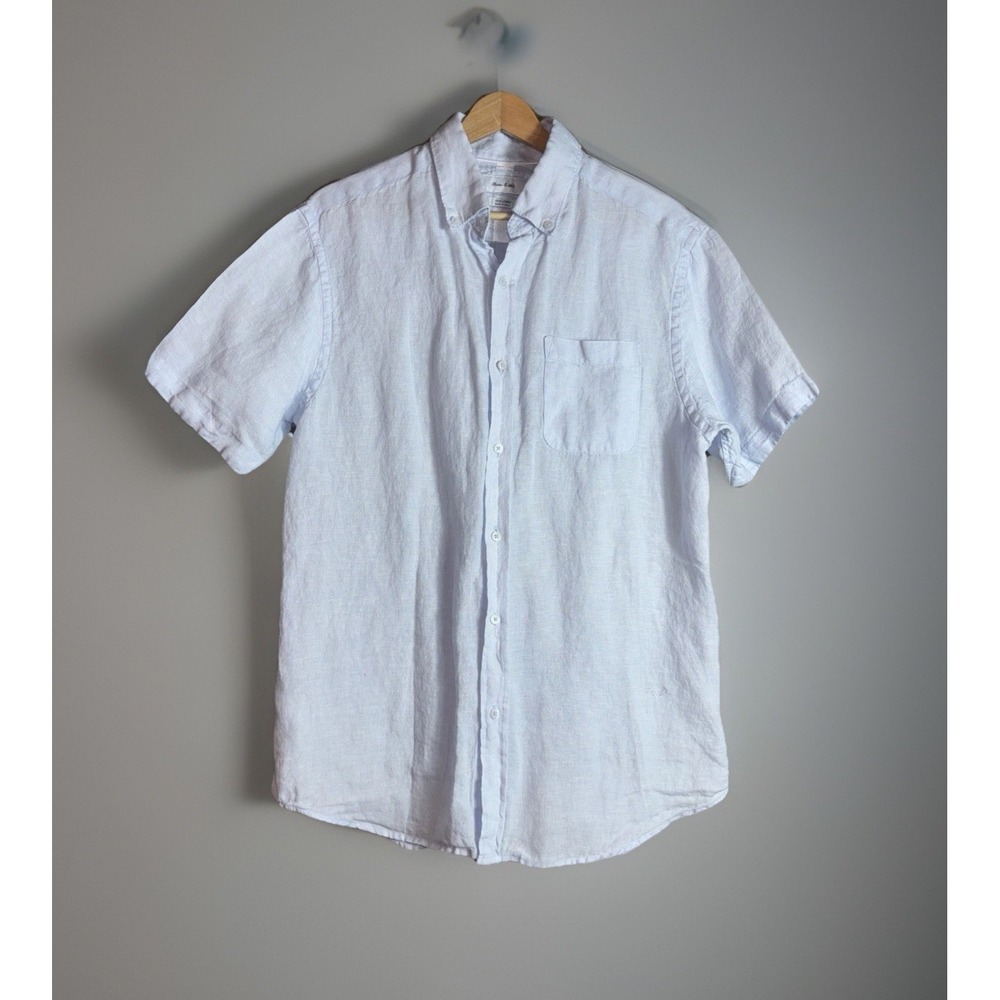 Porter & Ash Shirt Men's Size M Button Up Short Sleeve 100% Linen Blue Casual